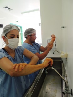 Antes de qualquer procedimento, é realizada a desinfecção das mãos.